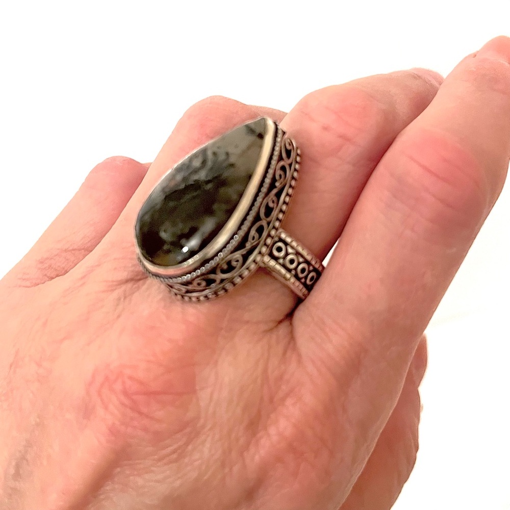 Teardrop Dendritic Agate Ring – Silver Filigree Boho Statement Sz 9